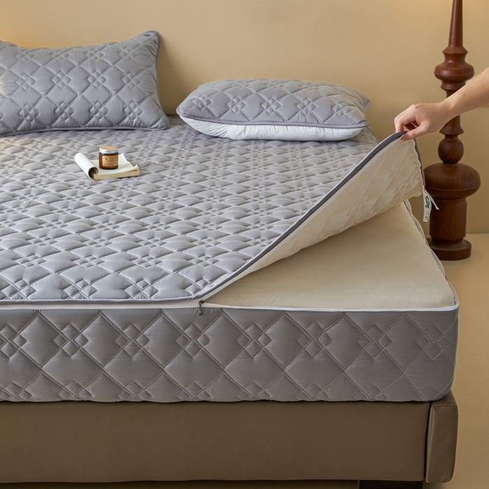 91家纺网 家纺一手货源 找家纺 鑫钰2025新款纯棉全棉六面全包床笠 四方格-全包床笠-灰色