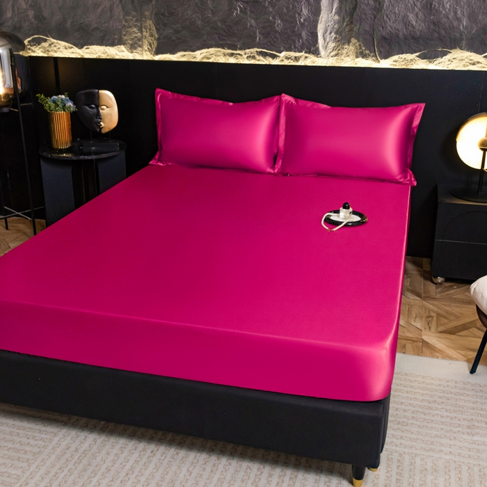 91家纺网 家纺一手货源 找家纺 梦舒羽2025新款防水冰丝纯色床笠凉爽柔顺床垫保护罩 防水冰丝床笠-玫红色