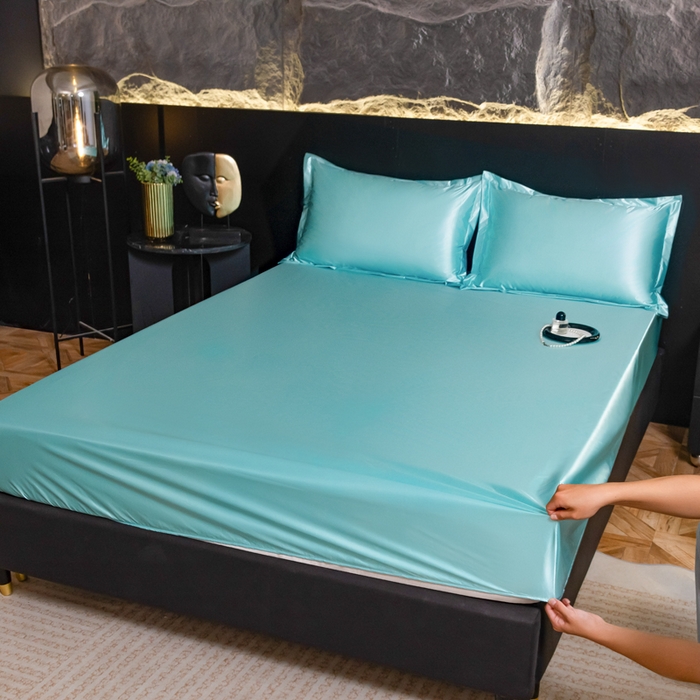 91家纺网 家纺一手货源 找家纺 梦舒羽2025新款防水冰丝纯色床笠凉爽柔顺床垫保护罩 防水冰丝床笠-水蓝色