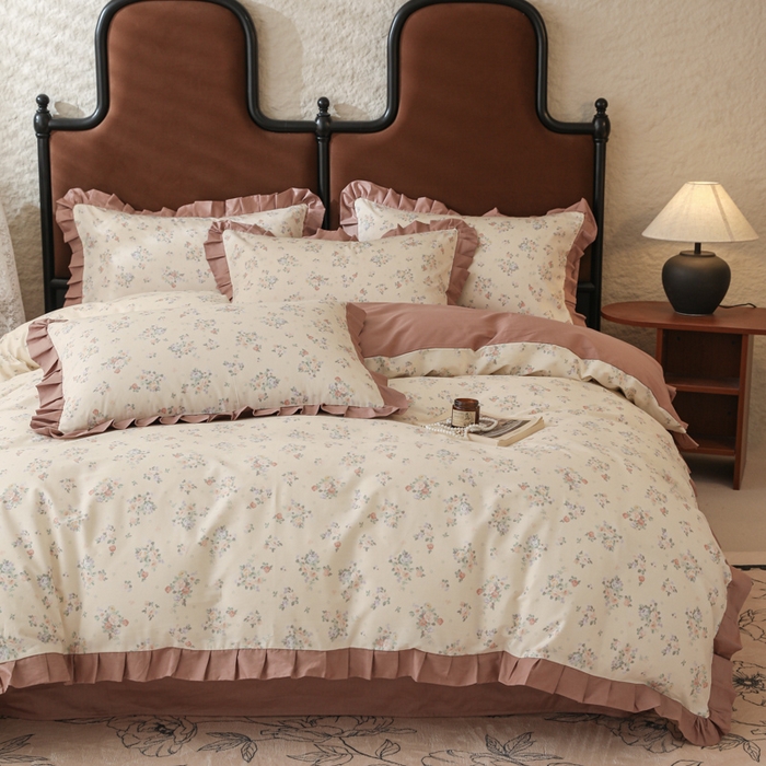 91家纺网 家纺一手货源 找家纺 简宜2025新款荷叶双层纯棉边四件套 晨光玫瑰-荷叶边