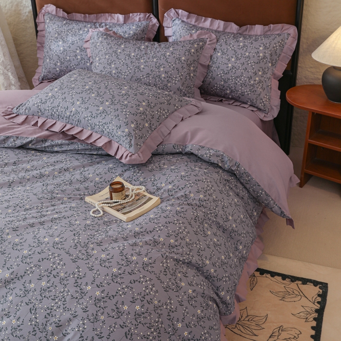 91家纺网 家纺一手货源 找家纺 简宜2025新款荷叶双层纯棉边四件套 紫藤花园-荷叶边