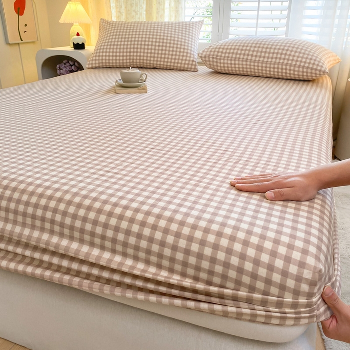 91家纺网 家纺一手货源 找家纺 鑫钰 2025新款全棉有氧双层纱床笠 格子咖