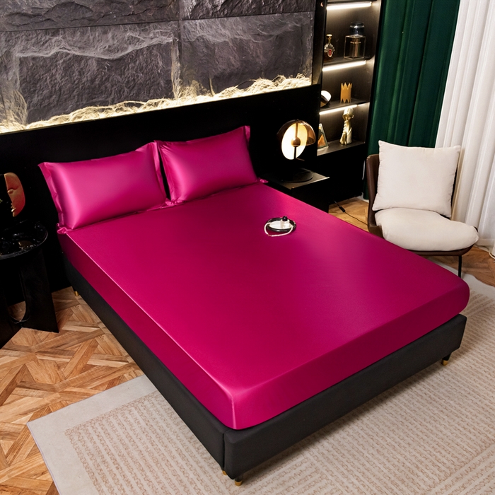 91家纺网 家纺一手货源 找家纺 梦舒羽2025新款防水冰丝纯色床笠凉爽柔顺床垫保护罩 防水冰丝床笠-玫红色