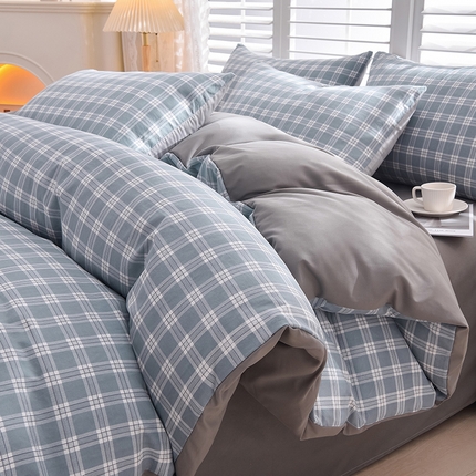 迪拜家纺 2025新款加厚水洗棉四件套-蓝小格