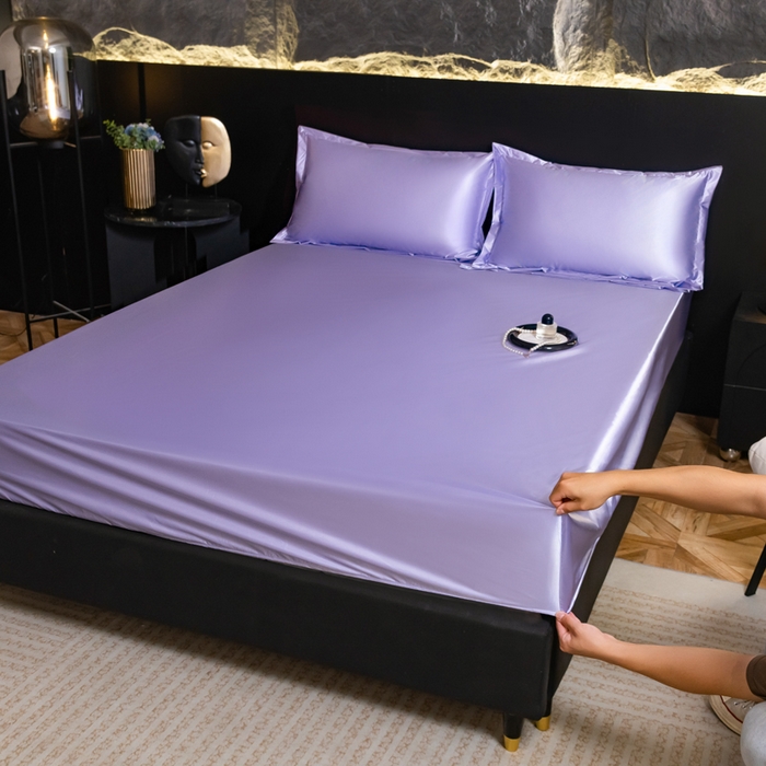 91家纺网 家纺一手货源 找家纺 梦舒羽2025新款防水冰丝纯色床笠凉爽柔顺床垫保护罩 防水冰丝床笠-雪青色