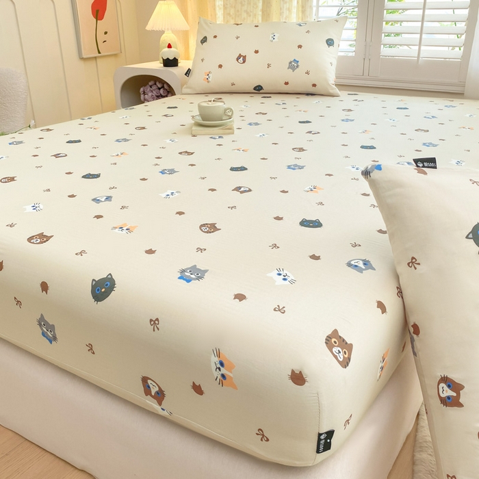 91家纺网 家纺一手货源 找家纺 鑫钰 2025新款全棉有氧双层纱床笠 猫偶