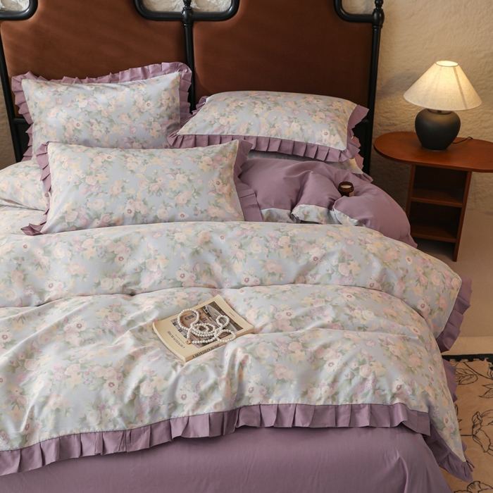 91家纺网 家纺一手货源 找家纺 简宜2025新款荷叶双层纯棉边四件套 芬芳紫-荷叶边