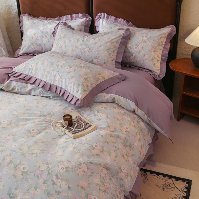 91家纺网 家纺一手货源 找家纺 简宜2025新款荷叶双层纯棉边四件套 芬芳紫-荷叶边