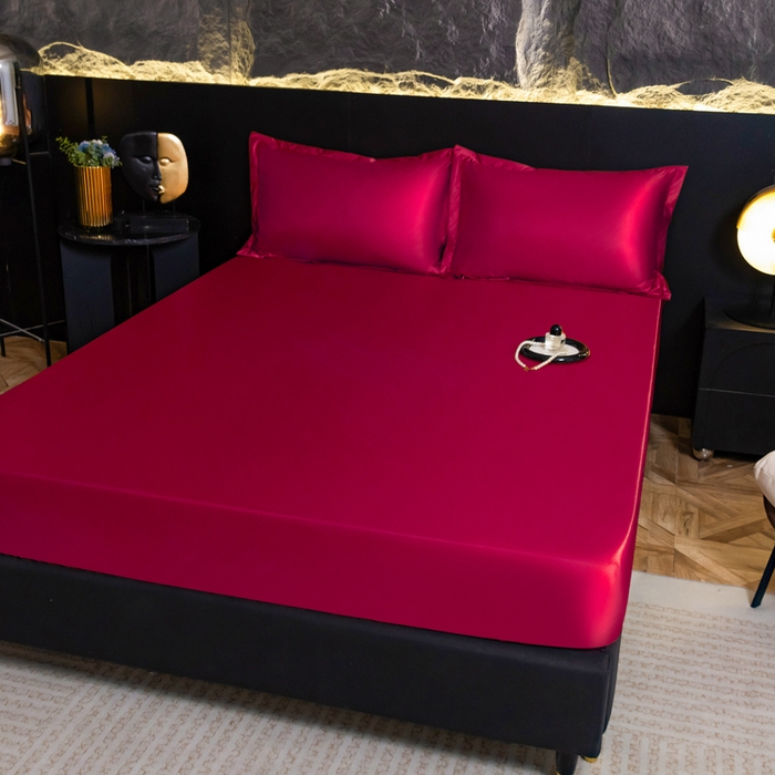 91家纺网 家纺一手货源 找家纺 梦舒羽2025新款防水冰丝纯色床笠凉爽柔顺床垫保护罩 防水冰丝床笠-酒红色