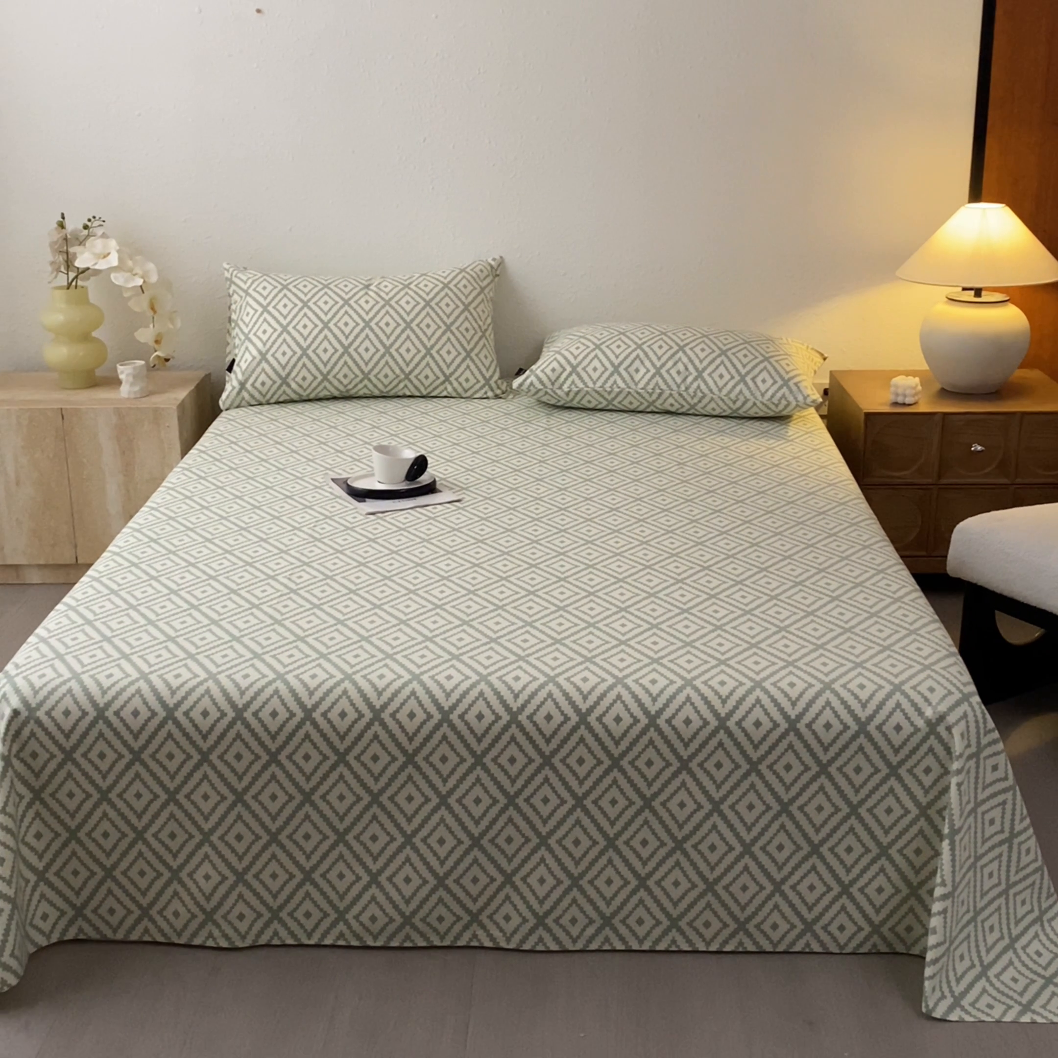 91家纺网 家纺一手货源 找家纺 鑫钰 2025新款老粗布床单床笠系列-格纹系列 菱格绿