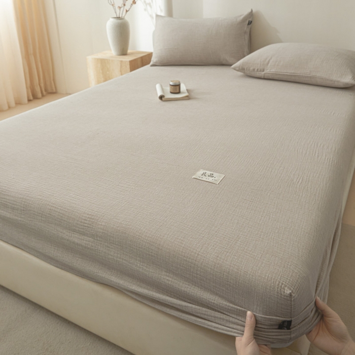 91家纺网 家纺一手货源 找家纺 鑫钰 2025新款A类全棉双棉皱皱纱床笠 浅灰色