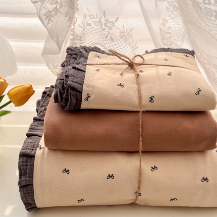 盼季家纺 2025新款A类法式小清新皱皱纱花边水洗棉床上四件套宿舍床笠三件套 皱皱纱花边-蝴蝶结米