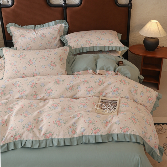 91家纺网 家纺一手货源 找家纺 简宜2025新款荷叶双层纯棉边四件套 春日花语-荷叶边