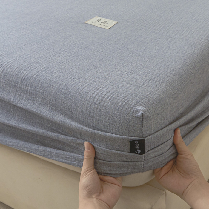 91家纺网 家纺一手货源 找家纺 鑫钰 2025新款A类全棉双棉皱皱纱床笠 天空蓝