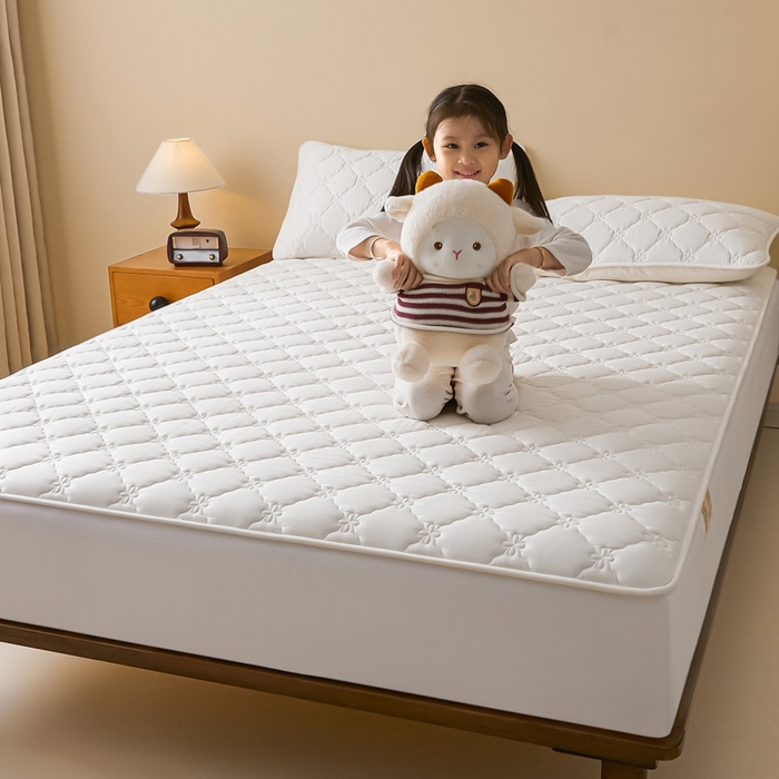 91家纺网 家纺一手货源 找家纺 鑫钰2025新款防水纯棉全棉夹棉床笠--四叶草黄墙 四叶草-白