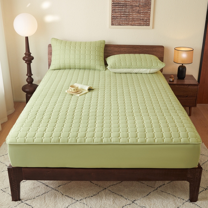 91家纺网 家纺一手货源 找家纺 鑫钰2025新款防水加厚夹棉原棉床笠防滑隔脏床垫套保护罩 简格-抹茶绿