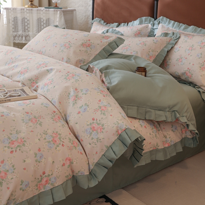 91家纺网 家纺一手货源 找家纺 简宜2025新款荷叶双层纯棉边四件套 春日花语-荷叶边