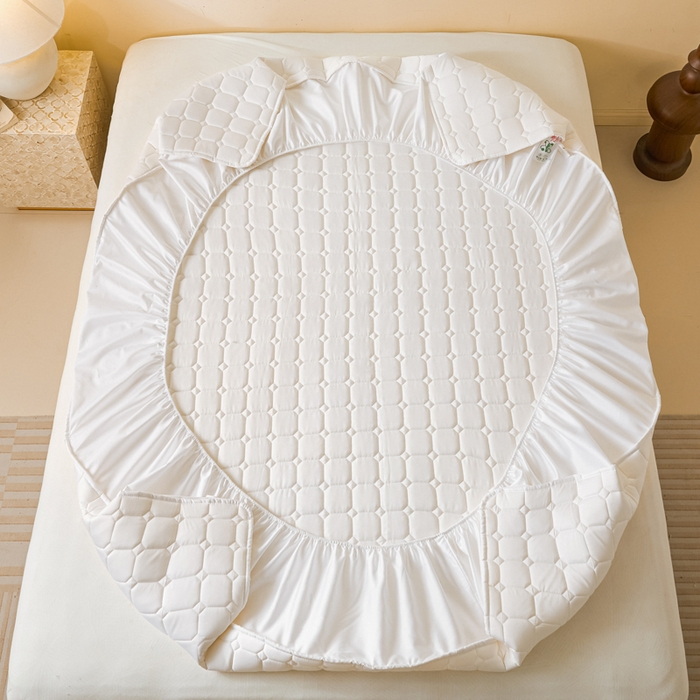 91家纺网 家纺一手货源 找家纺 鑫钰2025新款防水加厚夹棉原棉床笠防滑隔脏床垫套保护罩 简格-月光白