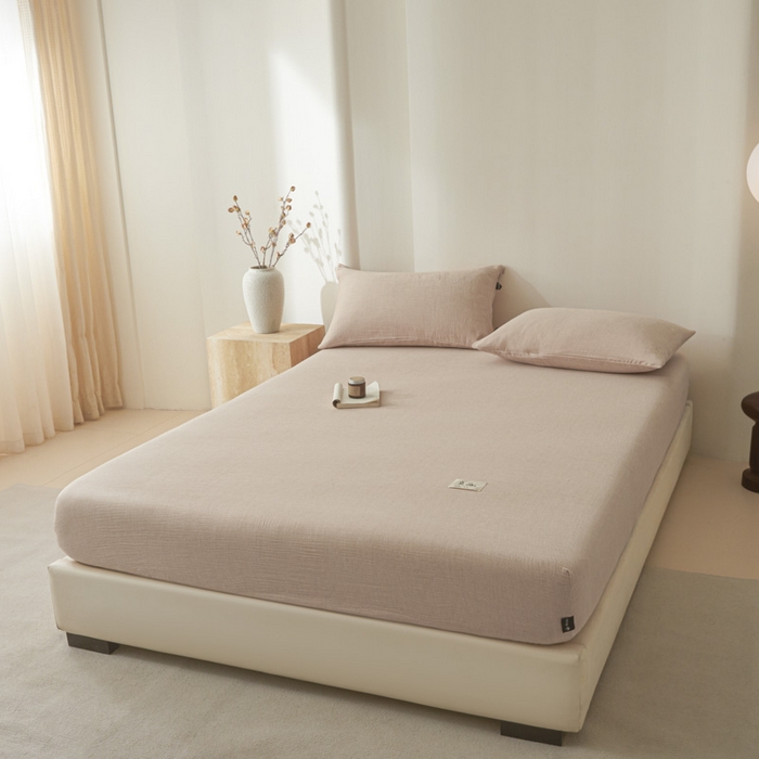 91家纺网 家纺一手货源 找家纺 鑫钰 2025新款A类全棉双棉皱皱纱床笠 简约驼