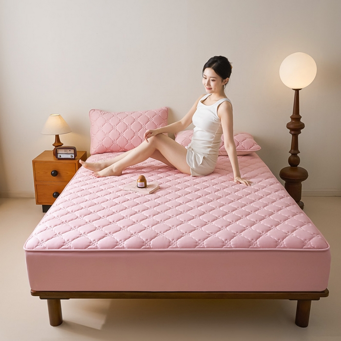 91家纺网 家纺一手货源 找家纺 鑫钰2025新款防水纯棉全棉夹棉床笠--四叶草白墙 四叶草-粉