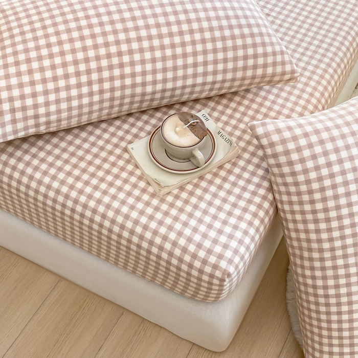 91家纺网 家纺一手货源 找家纺 鑫钰 2025新款全棉有氧双层纱床笠 格子咖