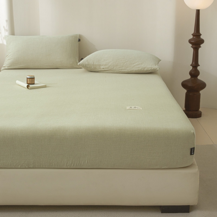 91家纺网 家纺一手货源 找家纺 鑫钰 2025新款A类全棉双棉皱皱纱床笠 淡雅绿