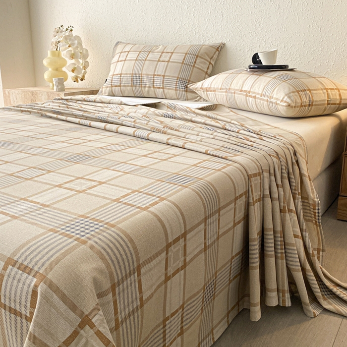 91家纺网 家纺一手货源 找家纺 鑫钰 2025新款老粗布床单床笠系列-格纹系列 格韵咖