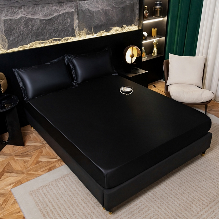 91家纺网 家纺一手货源 找家纺 梦舒羽2025新款防水冰丝纯色床笠凉爽柔顺床垫保护罩 防水款-尊贵黑