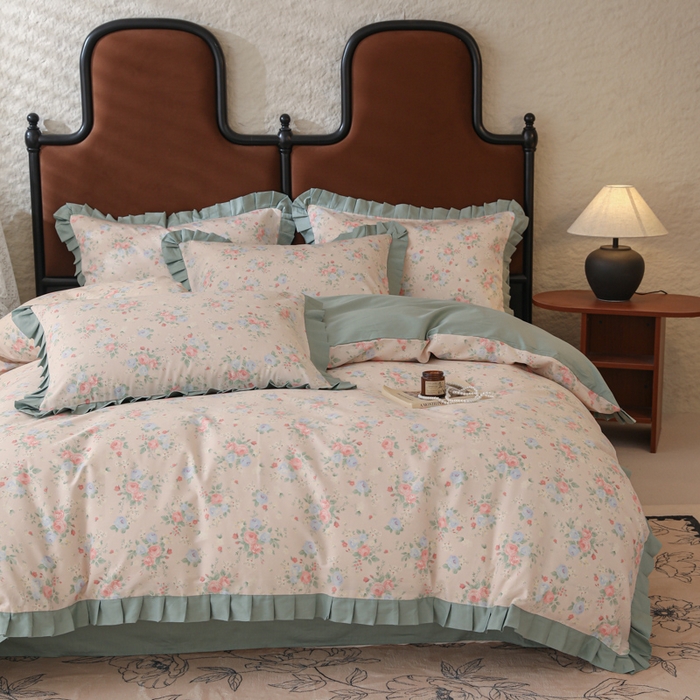 91家纺网 家纺一手货源 找家纺 简宜2025新款荷叶双层纯棉边四件套 春日花语-荷叶边