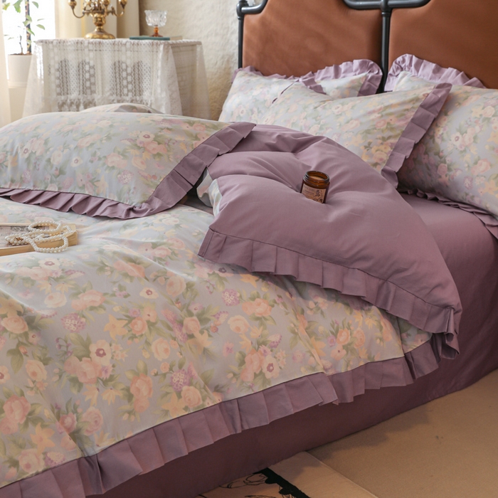 91家纺网 家纺一手货源 找家纺 简宜2025新款荷叶双层纯棉边四件套 芬芳紫-荷叶边