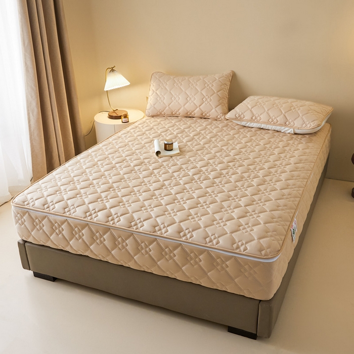 91家纺网 家纺一手货源 找家纺 鑫钰2025新款纯棉全棉六面全包床笠 四方格-全包床笠-卡其