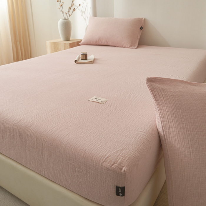 91家纺网 家纺一手货源 找家纺 鑫钰 2025新款A类全棉双棉皱皱纱床笠 仙女粉