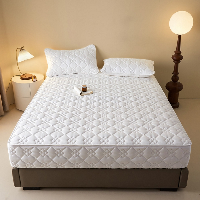 91家纺网 家纺一手货源 找家纺 鑫钰2025新款纯棉全棉六面全包床笠 四方格-全包床笠-白色