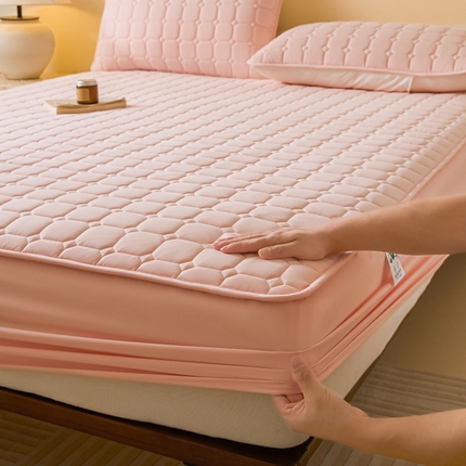 鑫钰2025新款防水加厚夹棉原棉床笠防滑隔脏床垫套保护罩 简格-优雅粉