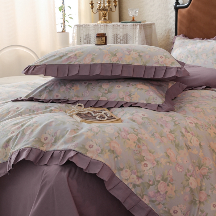 91家纺网 家纺一手货源 找家纺 简宜2025新款荷叶双层纯棉边四件套 芬芳紫-荷叶边
