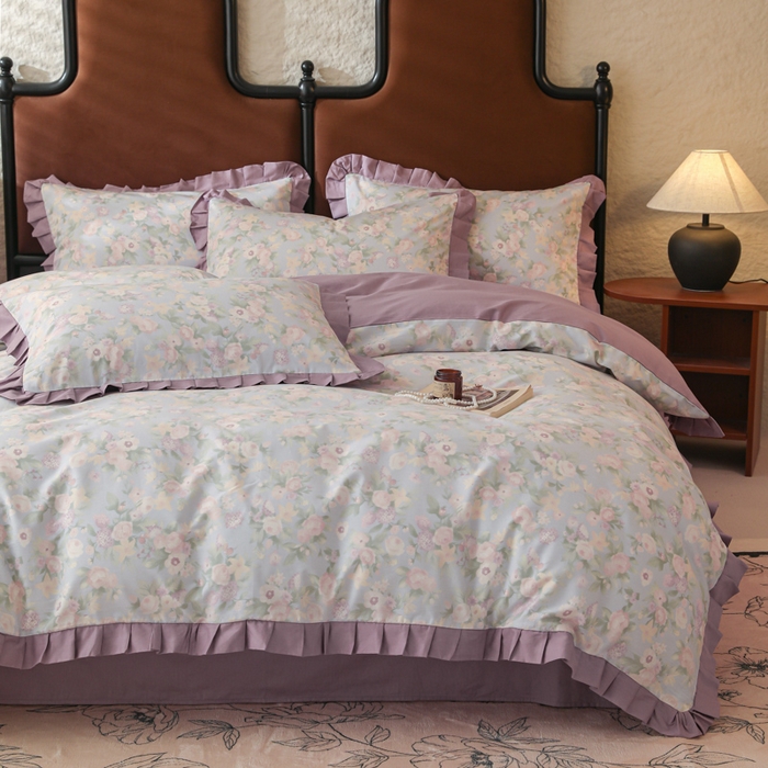 91家纺网 家纺一手货源 找家纺 简宜2025新款荷叶双层纯棉边四件套 芬芳紫-荷叶边