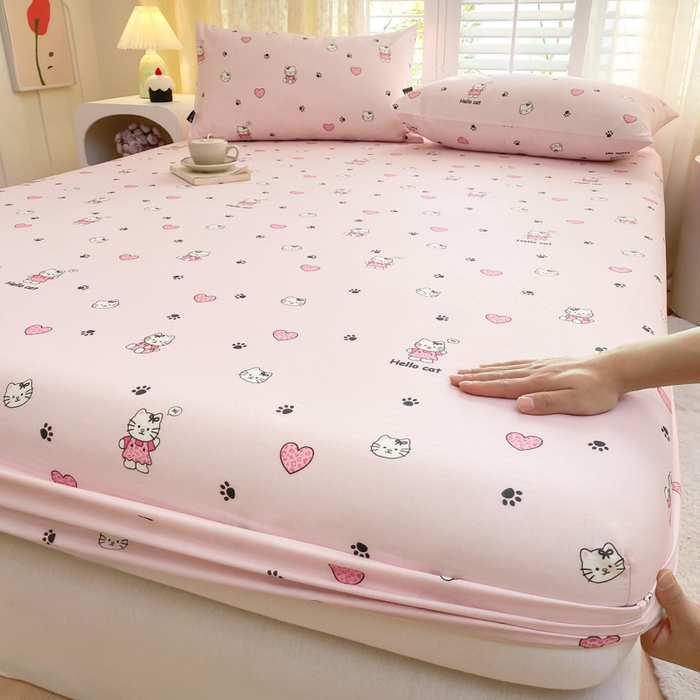 91家纺网 家纺一手货源 找家纺 鑫钰 2025新款全棉有氧双层纱床笠 心动猫