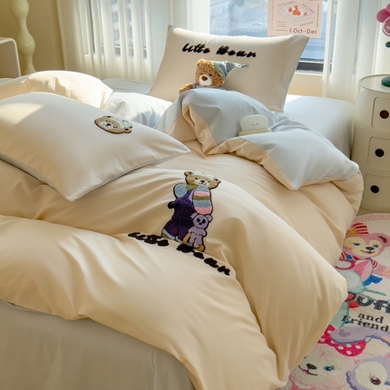 91家纺网 家纺一手货源 找家纺 （总）斯尔顿 2025年新款全棉四件套13372纯棉绣花三件套毛巾绣四件套学生套装NB熊系列