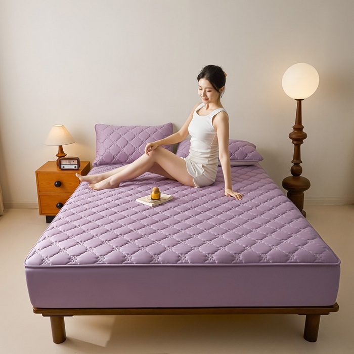 91家纺网 家纺一手货源 找家纺 鑫钰2025新款防水纯棉全棉夹棉床笠--四叶草白墙 四叶草-紫