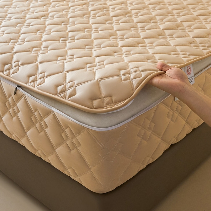 91家纺网 家纺一手货源 找家纺 鑫钰2025新款纯棉全棉六面全包床笠 四方格-全包床笠-卡其