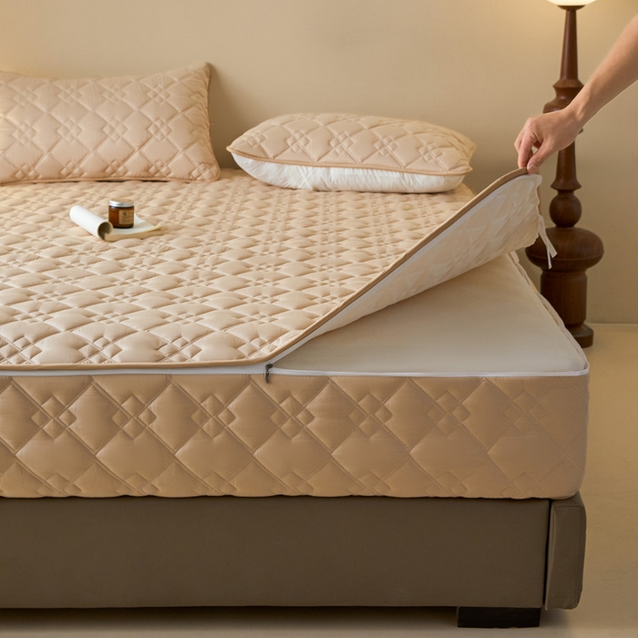 91家纺网 家纺一手货源 找家纺 鑫钰2025新款纯棉全棉六面全包床笠 四方格-全包床笠-卡其