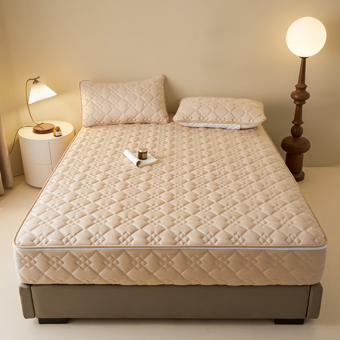 91家纺网 家纺一手货源 找家纺 鑫钰2025新款纯棉全棉六面全包床笠 四方格-全包床笠-卡其