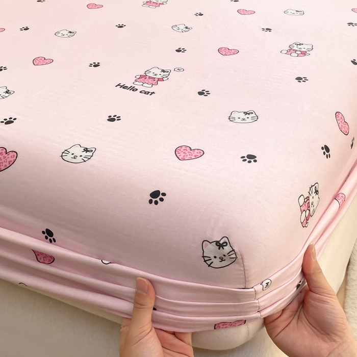 91家纺网 家纺一手货源 找家纺 鑫钰 2025新款全棉有氧双层纱床笠 心动猫