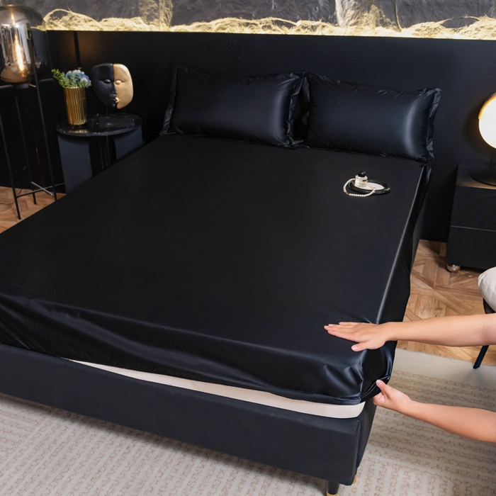 91家纺网 家纺一手货源 找家纺 梦舒羽2025新款防水冰丝纯色床笠凉爽柔顺床垫保护罩 防水款-尊贵黑