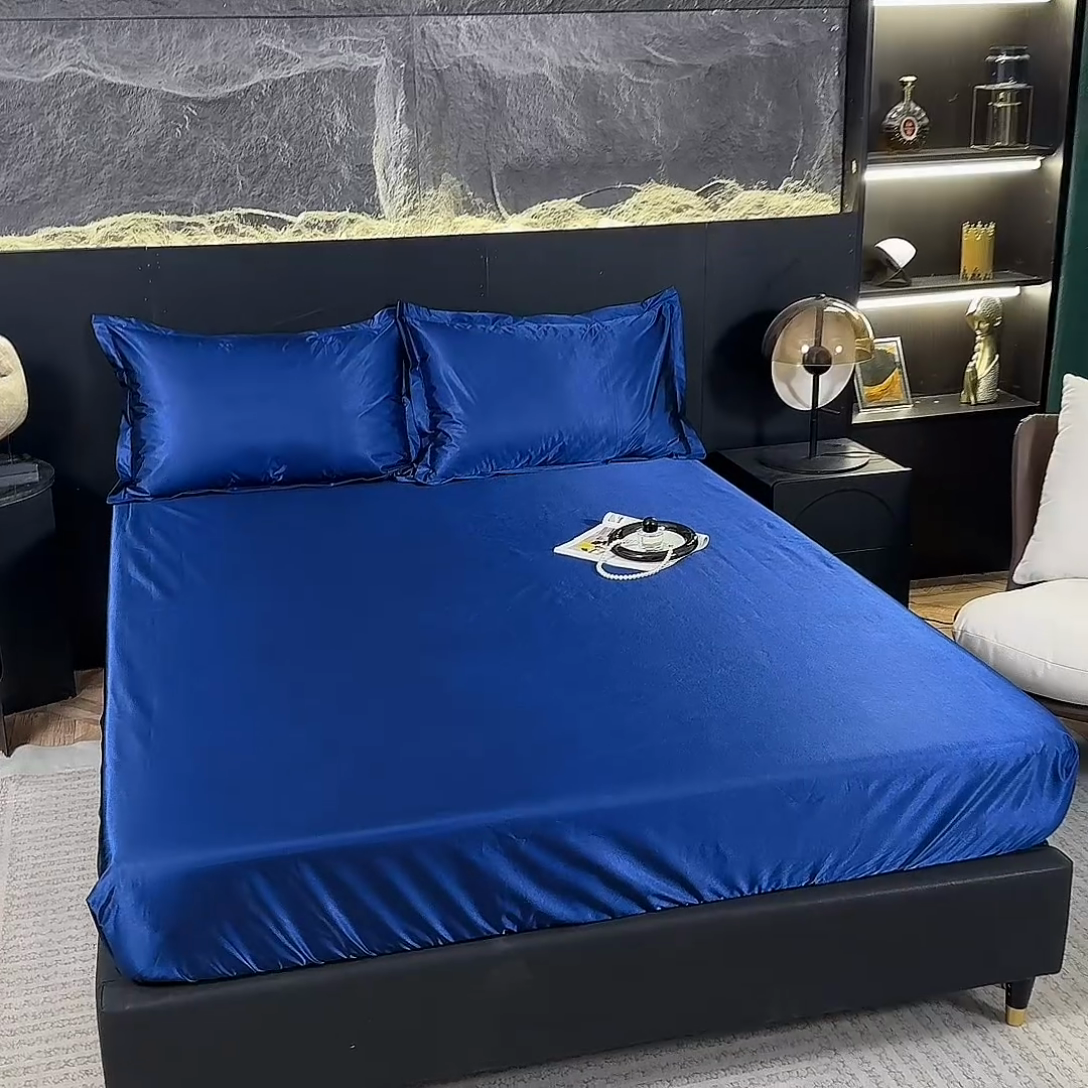 91家纺网 家纺一手货源 找家纺 梦舒羽2025新款防水冰丝纯色床笠凉爽柔顺床垫保护罩 防水冰丝床笠-深海蓝