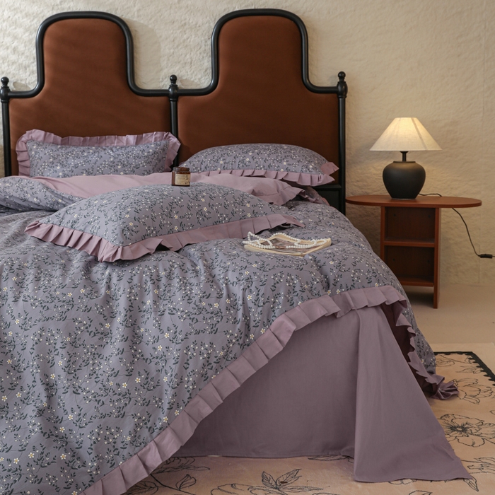 91家纺网 家纺一手货源 找家纺 简宜2025新款荷叶双层纯棉边四件套 紫藤花园-荷叶边