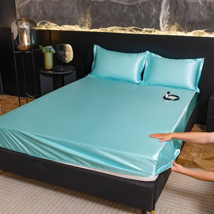 91家纺网 家纺一手货源 找家纺 梦舒羽2025新款防水冰丝纯色床笠凉爽柔顺床垫保护罩 防水冰丝床笠-水蓝色