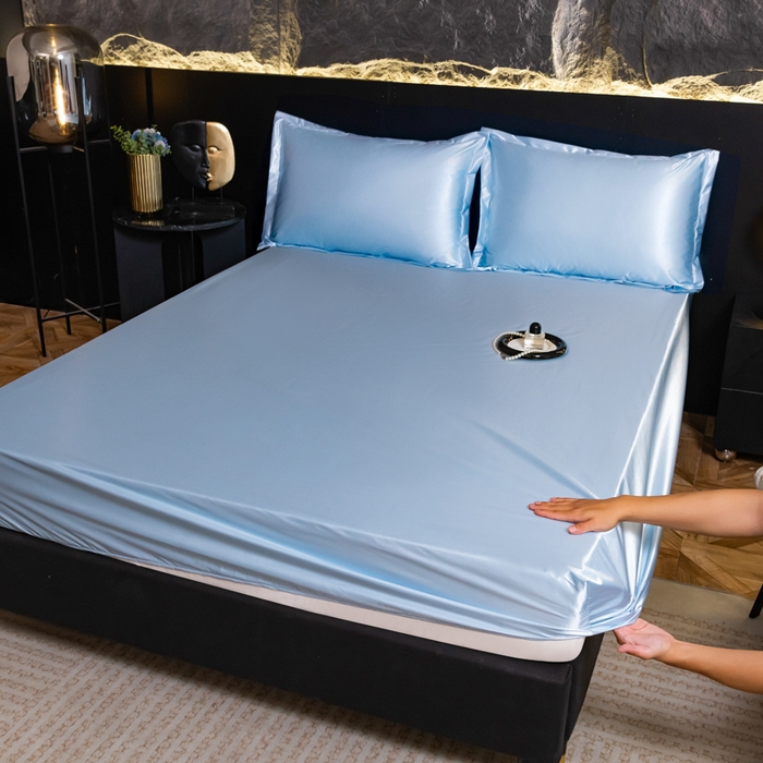 91家纺网 家纺一手货源 找家纺 梦舒羽2025新款防水冰丝纯色床笠凉爽柔顺床垫保护罩 防水冰丝床笠-天空蓝