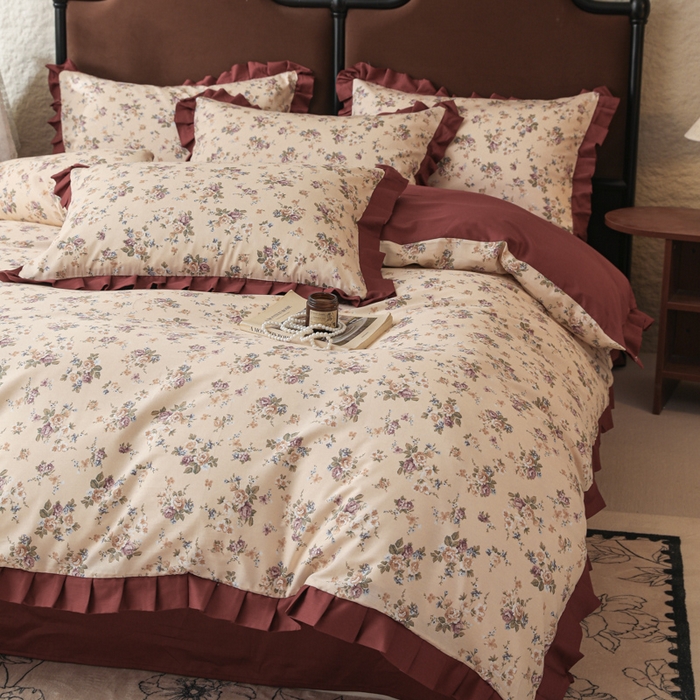 91家纺网 家纺一手货源 找家纺 简宜2025新款荷叶双层纯棉边四件套 菲红花园-荷叶边