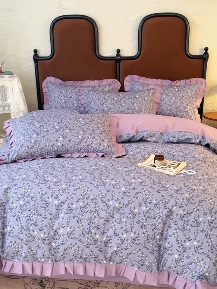 91家纺网 家纺一手货源 找家纺 简宜2025新款荷叶双层纯棉边四件套 紫藤花园-荷叶边